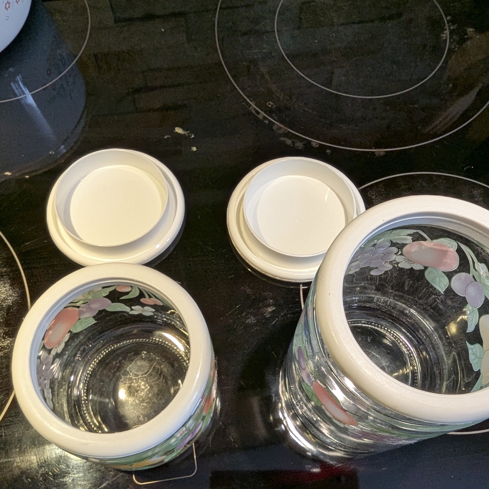 SET OF TWO Floral Glass Storage Jars with White Lids Vintage - Picture 6 of 6